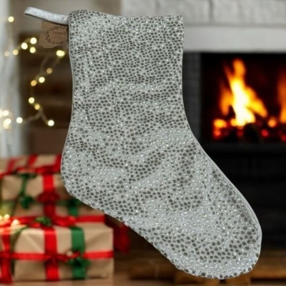 NEW Thro by Marlo Lorenz Ivory and Gold‎ Embroidered Holiday Christmas Stocking